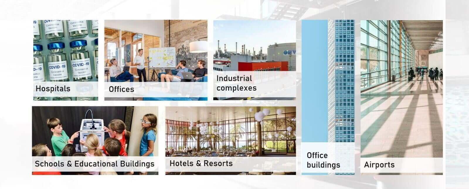 Smart Building Solutions are suited for Hospitals, Offices, Industrial complexes and factories, Schools, Hotels and Airports